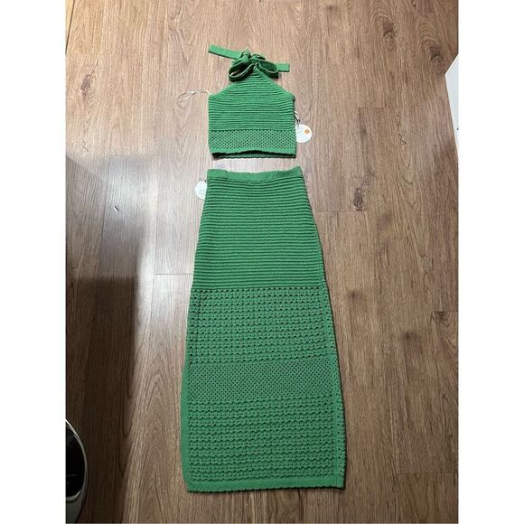 LOST & WONDER Olivia Top & Maxi Skirt Set GREEN Boho Crochet Knit size S NWT - Picture 5 of 7
